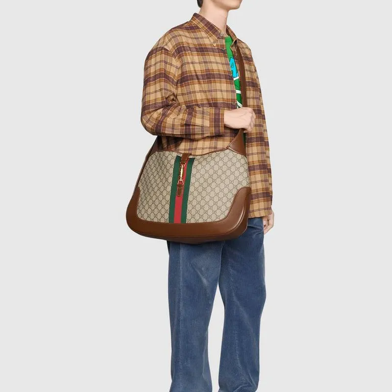 GUCCI Jackie 1961 Canvas With Leather Trim Crescent Shoulder Bag Shoulder Bag Unisex Brown-10
