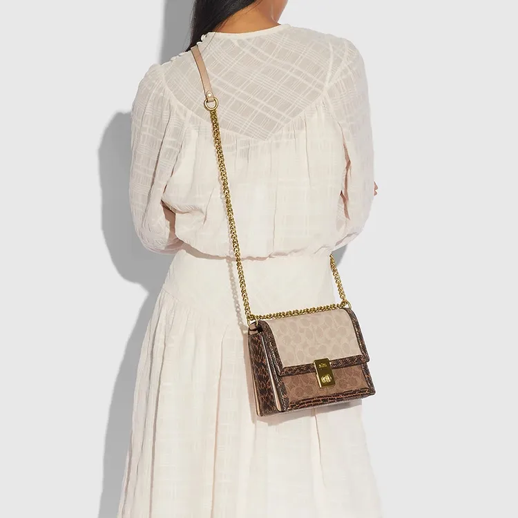 COACH Hutton Leather With Snake Skin With Coated Canvas Small Square Bag Shoulder Bag, Crossbody Bag Women's Brown-5