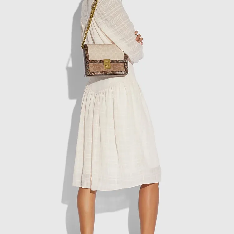 COACH Hutton Leather With Snake Skin With Coated Canvas Small Square Bag Shoulder Bag, Crossbody Bag Women's Brown-4