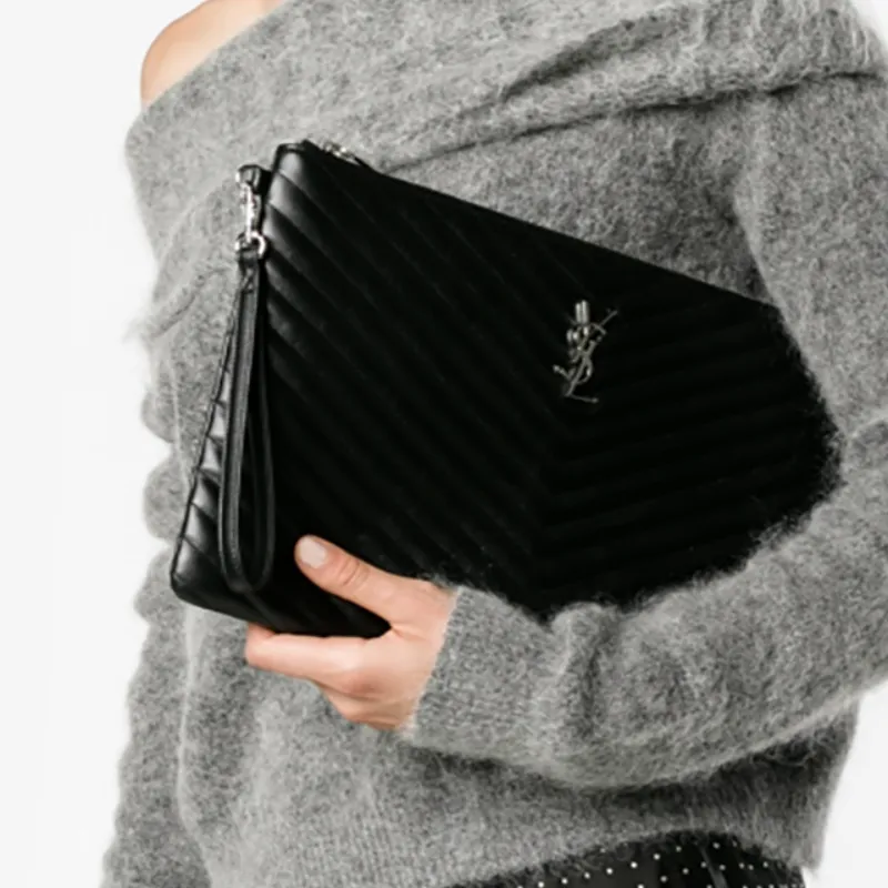 SAINT LAURENT Large Logo Monogram Quilted Clutch Bag-4