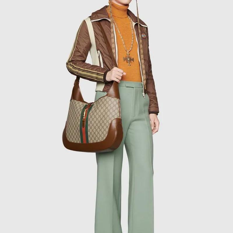 GUCCI Jackie 1961 Canvas With Leather Trim Crescent Shoulder Bag Shoulder Bag Unisex Brown-9