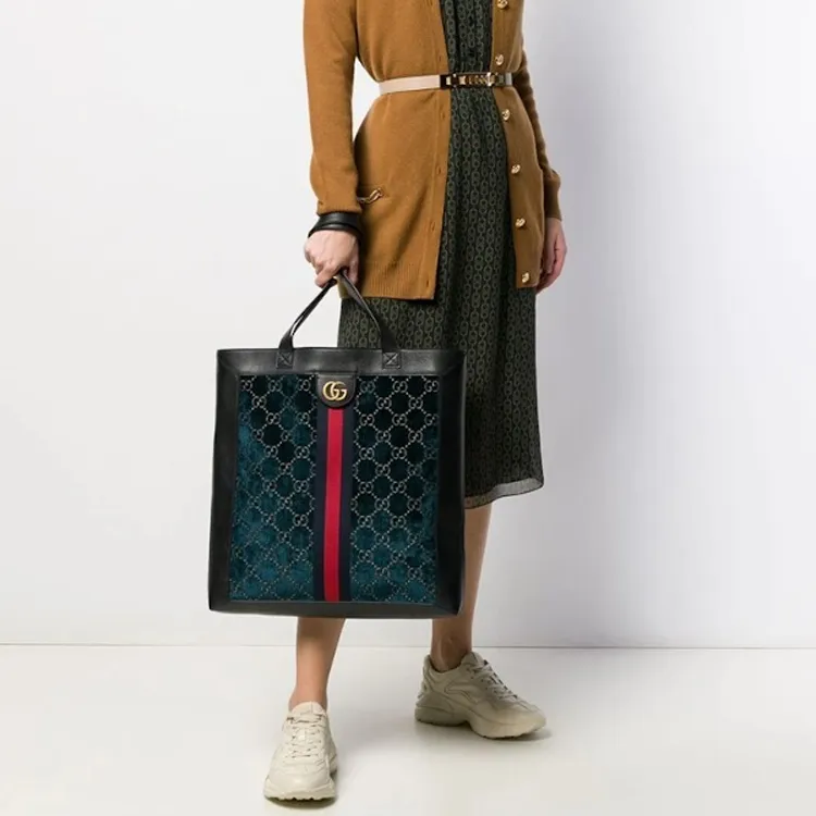 GUCCI Velvet With Leather Tote Bag Shopping Bag Shoulder Bag Handbag Medium Size Unisex Dark Blue/Black-5