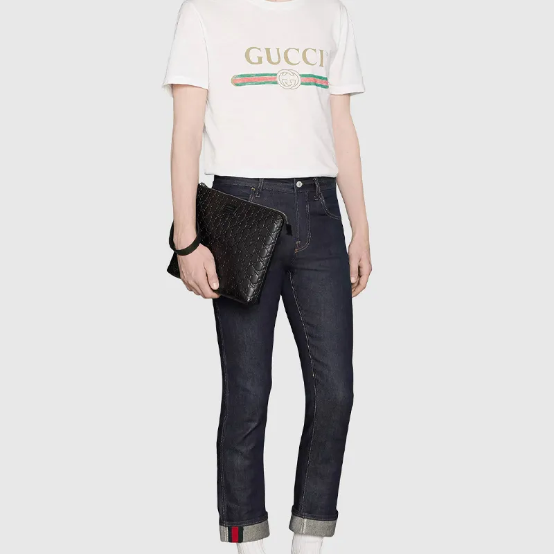 GUCCI Leather Clutch Men's Black-7