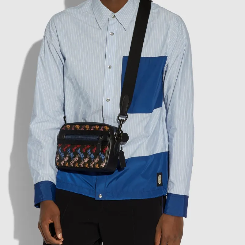 COACH Academy Coated Canvas With Leather Shoulder Bag Men's Black & Multicolor Carriage Print-5