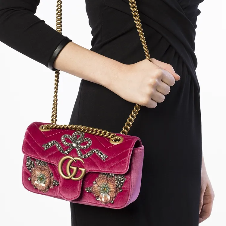 GUCCI Marmont Quilted Velvet Chain Shoulder Bag Crossbody Bag Mini Women's Pink-4