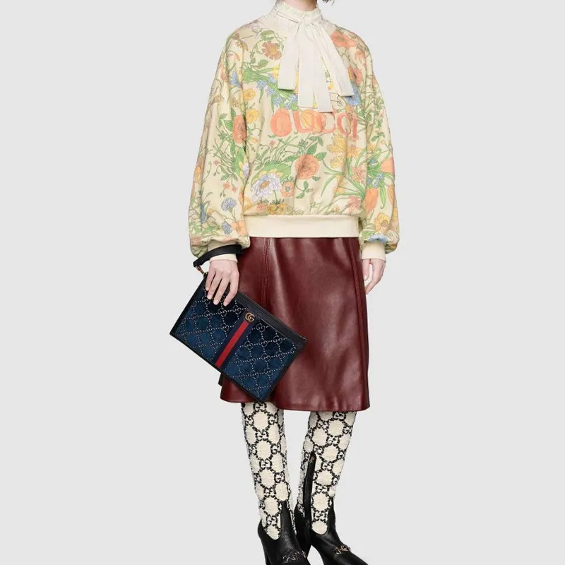 GUCCI Velvet Patchwork Leather Clutch Women's Dark Blue-4