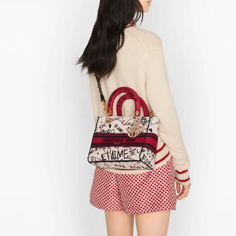 DIOR Lady Dior Embroidery Dior Bag Shoulder Bag Crossbody Bag Handbag Medium Size Women's White/Red-5