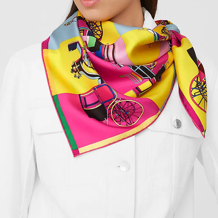 HERMES Silk Scarves Women's Pink/Bright Yellow-1