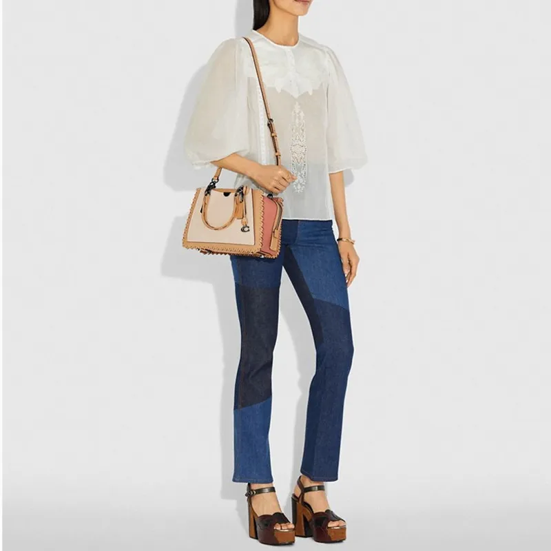 COACH Dreamer Lockstitch Leather Cow Leather Shoulder Bag Crossbody Bag Handbag Medium Size Women's Beige & Orange Pink-4