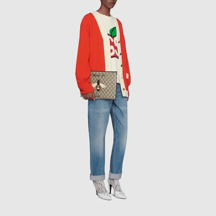GUCCI Canvas With Leather Clutch Medium Size Men's Ebony/Black-4