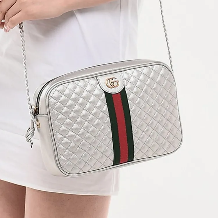 GUCCI Diamond Pattern Cow Leather Crossbody Bag Shoulder Bag Women's Silver-7