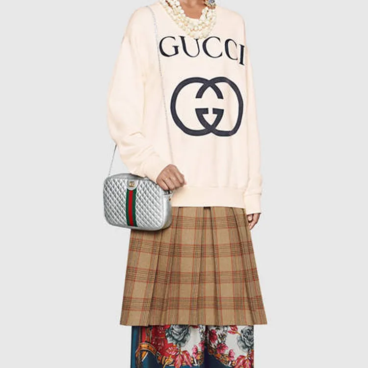 GUCCI Diamond Pattern Cow Leather Crossbody Bag Shoulder Bag Women's Silver-8
