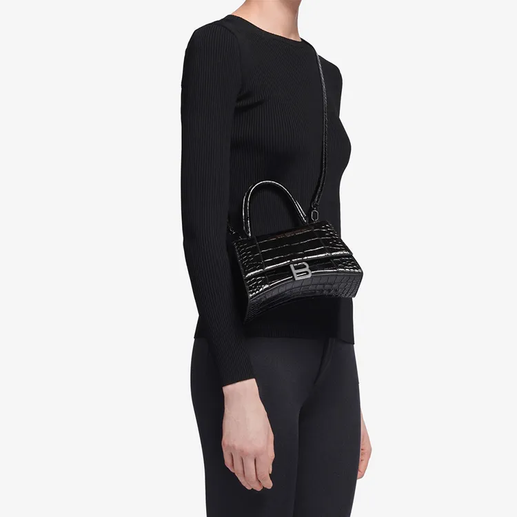 Balenciaga Hourglass Top Handle Crocodile Embossed Xs Black-6