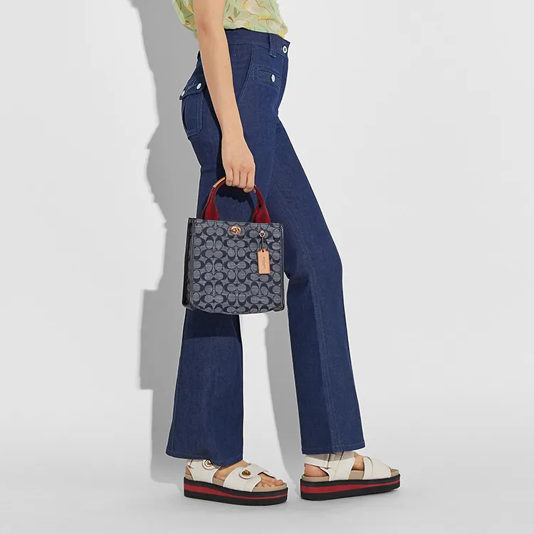 COACH Eco Friendly Material Canvas With Leather Canvas Bag, Tote Bag, Shopping Bag, Handbag Trumpets Women's Denim Blue-3