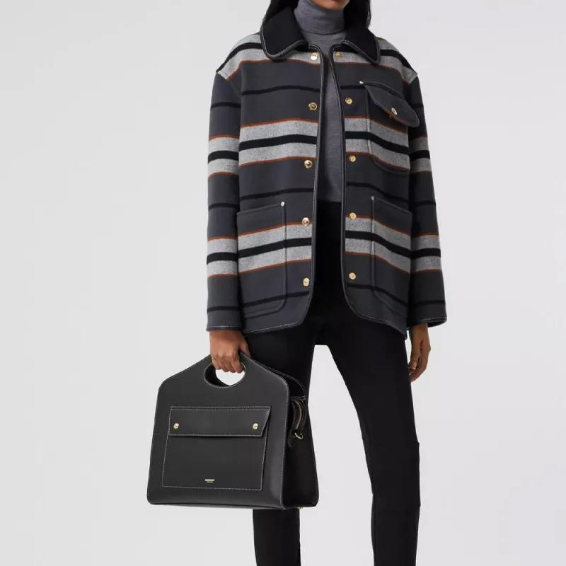 Burberry Pocket Bag Stitched Leather Tote Bag Shopping Bag Shoulder Bag Crossbody Bag Handbag Medium Size Women's Black-4