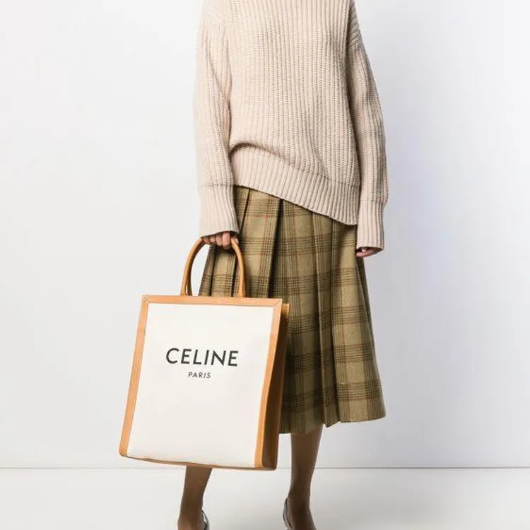 CELINE Cabas Canvas With Calfskin Canvas Bag Tote Bag Shopping Bag Trunk Bag Handbag Unisex Original & Tawny-4