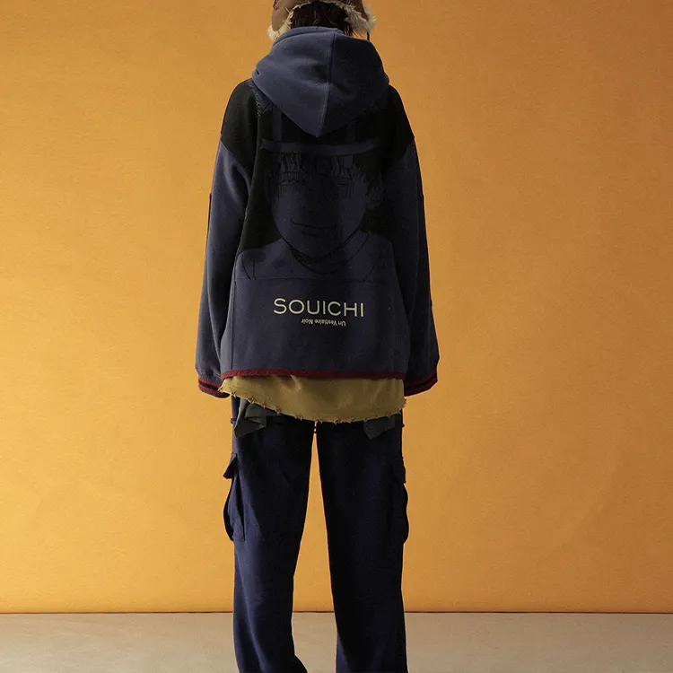 UNVESNO YITENGRUNER Hooded Loose Fit Sweatshirt Unisex Navy Blue-3
