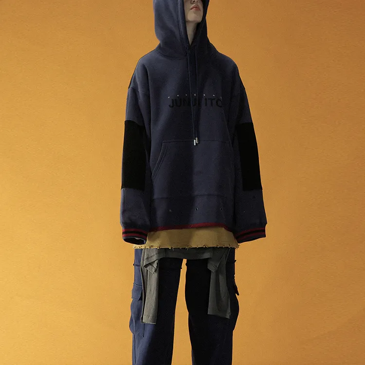UNVESNO YITENGRUNER Hooded Loose Fit Sweatshirt Unisex Navy Blue-2