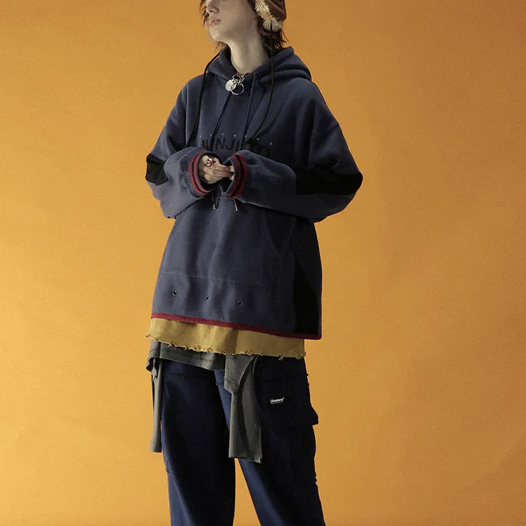 UNVESNO YITENGRUNER Hooded Loose Fit Sweatshirt Unisex Navy Blue-4