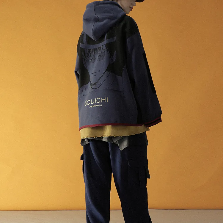 UNVESNO YITENGRUNER Hooded Loose Fit Sweatshirt Unisex Navy Blue-5