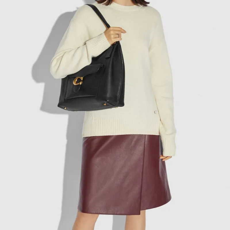 COACH Tabby Polished Pebbled Leather Hobo Bag Shoulder Bag Portable Crossbody Bag Shoulder Bag Women's Black-5