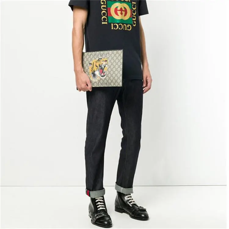 GUCCI Canvas With Leather Clutch Men's Ebony/Black-9