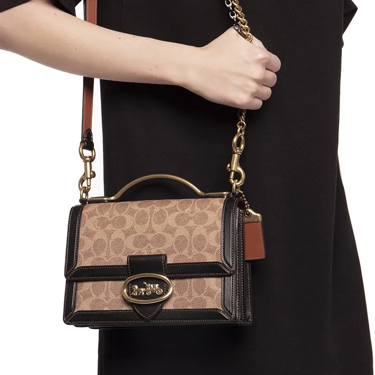 COACH Riley Leather Trunk Bag, Handbag, Shoulder Bag, Crossbody Bag Medium Size Women's Black & Brown-4