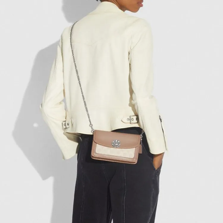 COACH Parker Canvas With Leather Chain Bag Crossbody Bag Shoulder Bag Women's Taupe Multicolor-5