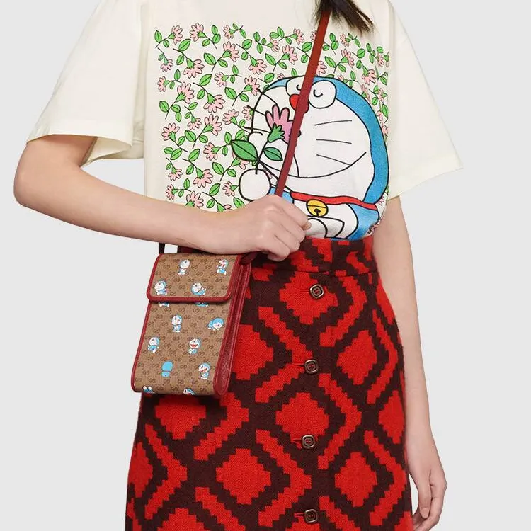 GUCCI Doraemon Collaboration Canvas With Leather Cell Phone Pouch, Crossbody Bag, Shoulder Bag Unisex-8