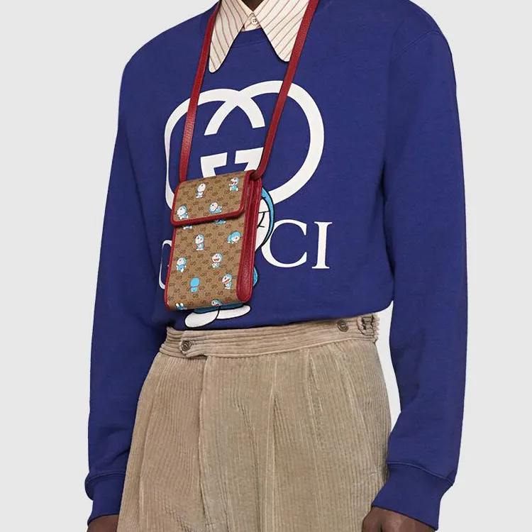 GUCCI Doraemon Collaboration Canvas With Leather Cell Phone Pouch, Crossbody Bag, Shoulder Bag Unisex-9