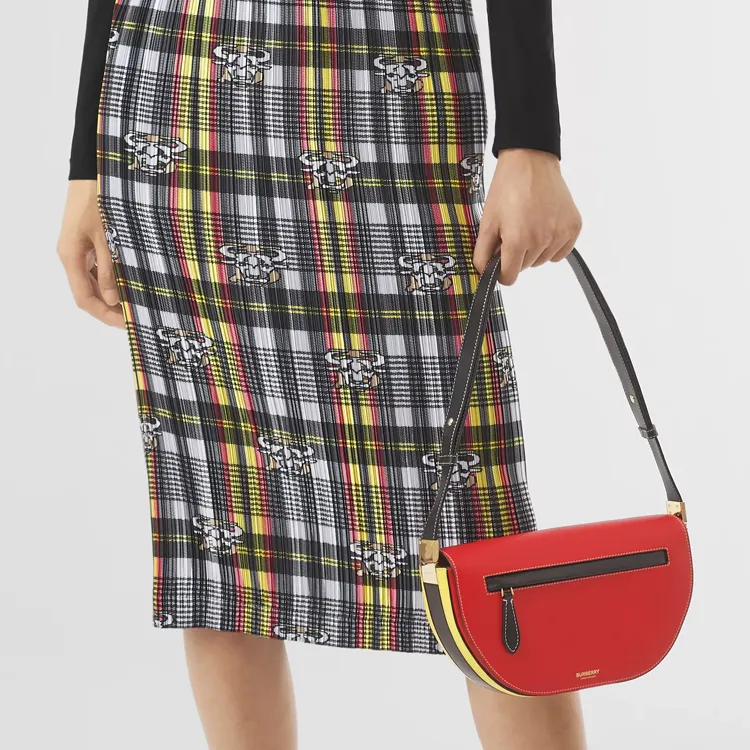 Burberry Tricolor Leather Shoulder Bag Crescent Bag Portable Crossbody Bag Shoulder Bag Women's Bright Red-6