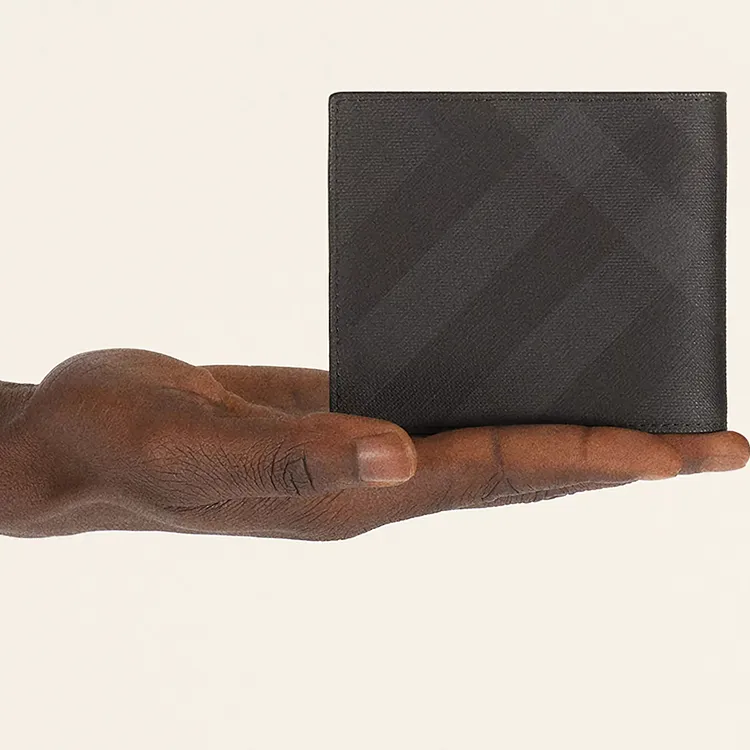 Burberry International Bifold Wallet London Check And Leather 8 Card Slot Dark Charcoal-8
