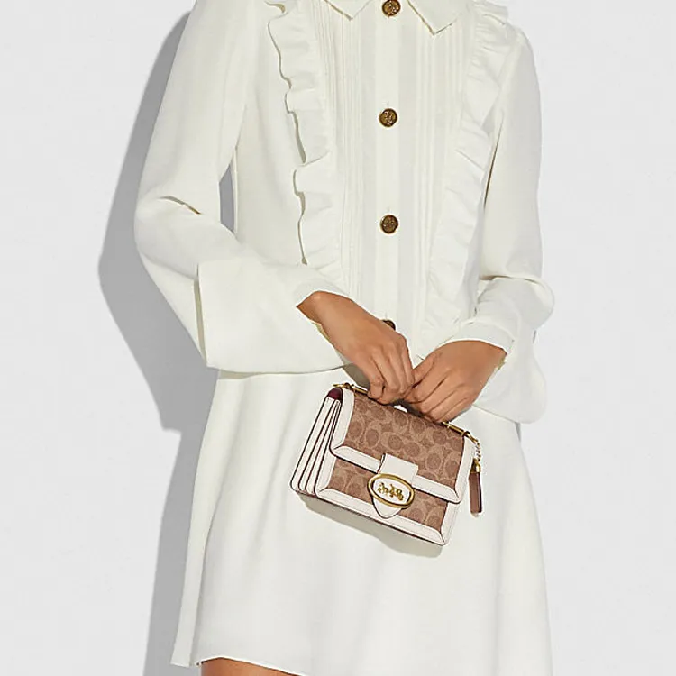 COACH Riley Leather Trunk Bag, Shoulder Bag, Crossbody Bag, Handbag Small Size Women's White & Brown Monogram-4