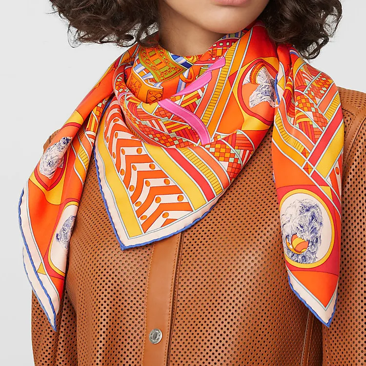 HERMES Collar And Your Beloved Dog Silk Scarves Women's Orange-1