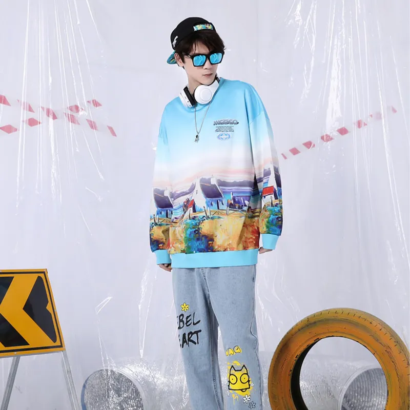 XXGOGO Crew Neck Loose Fit Regular Sweatshirt All Unisex Print Blue-3