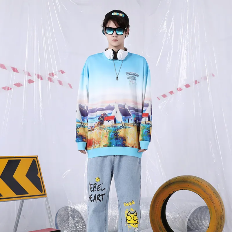 XXGOGO Crew Neck Loose Fit Regular Sweatshirt All Unisex Print Blue-2