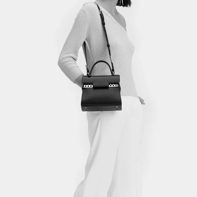 Delvau Tempête Soft Calfskin Handbag Small Size Women's Black-7