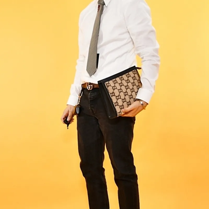 GUCCI Wool Patchwork Leather Clutch Unisex Beige/Black-10