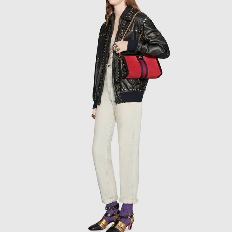 GUCCI Ophidia Suede Painted Leather Trim Shoulder Bag Crossbody Bag Medium Size Women's Red/Black-7