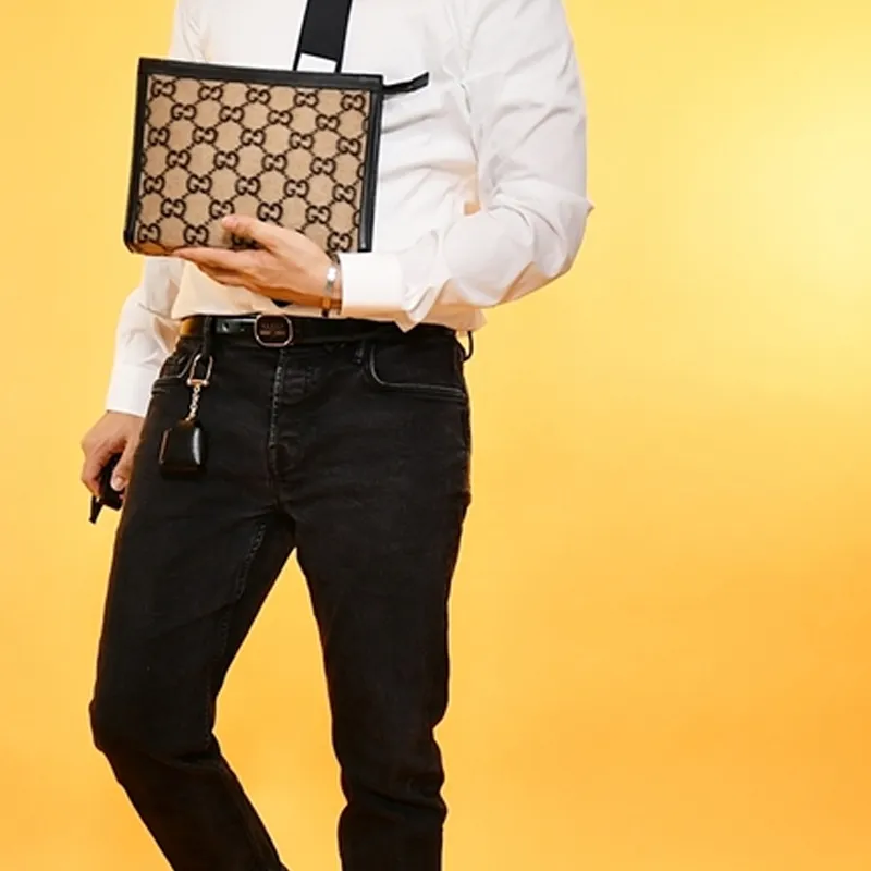 GUCCI Wool Patchwork Leather Clutch Unisex Beige/Black-9