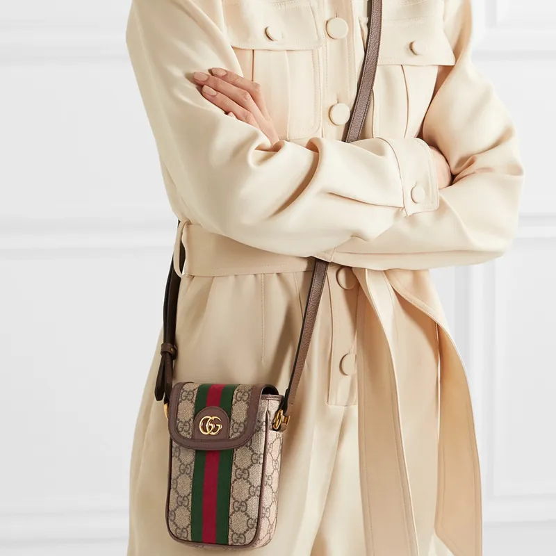 GUCCI Ophidia Canvas With Leather Cell Phone Pouch Crossbody Bags Shoulder Bags Unisex Brown-4