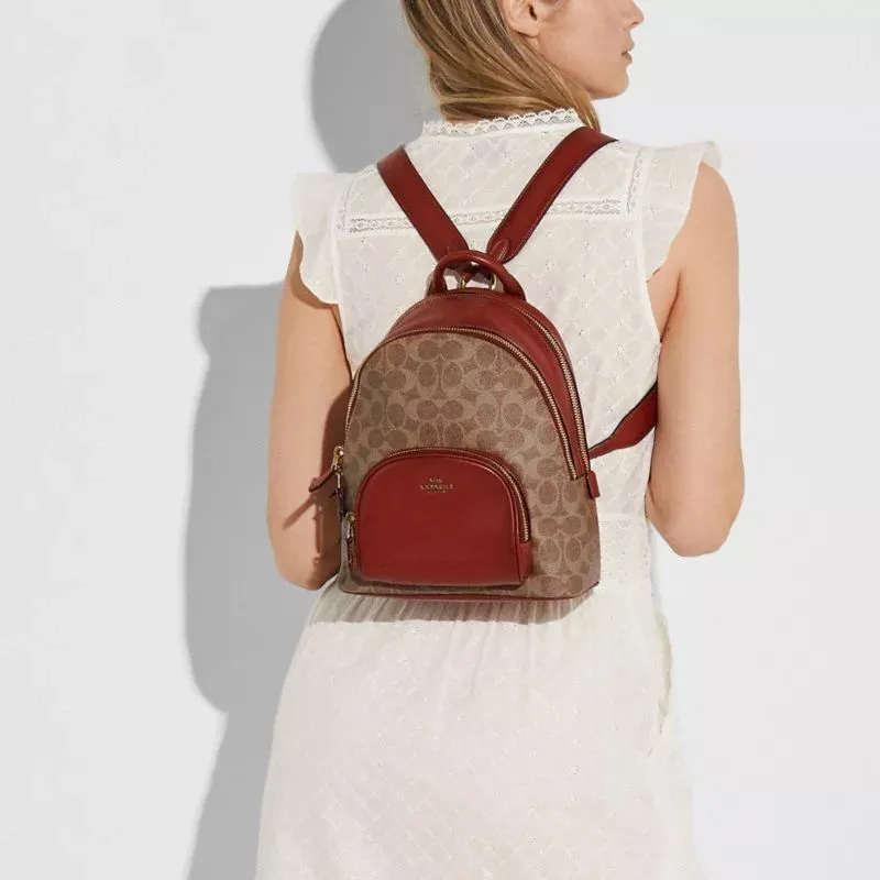 COACH Carrie Leather With Canvas And Fabric Backpack Medium Size Women's Brown Multicolor Monogram-4