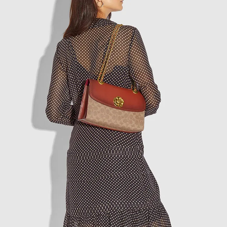 COACH Parker Canvas With Leather Shoulder Bag, Crossbody Bag Trumpets Women's Red & Brown-4