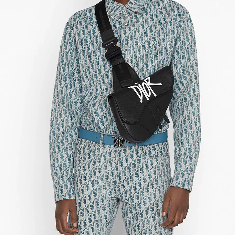 DIOR SACAI Collaboration Saddle Leather Saddle Bag Fanny Pack Sling Bag Crossbody Bag Men's Black-4