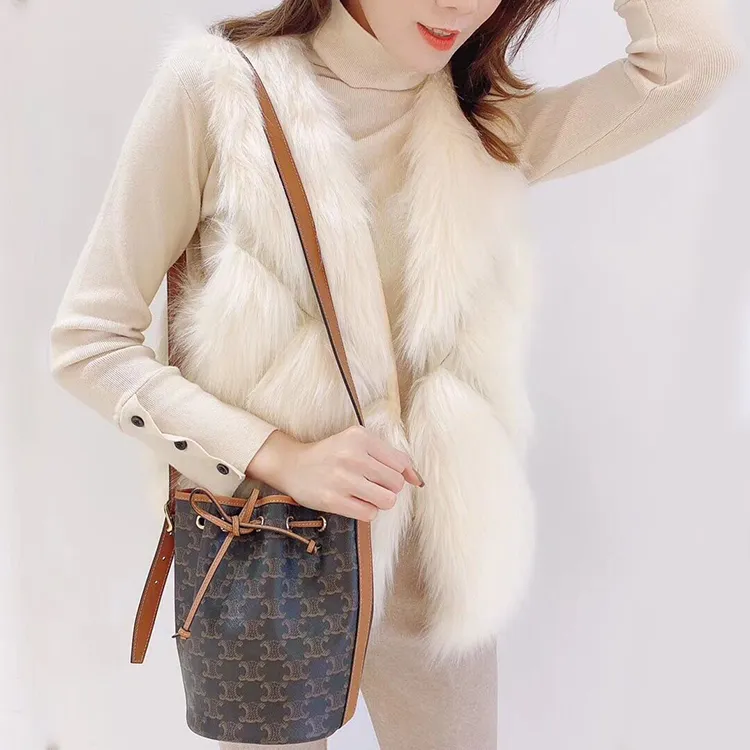 CELINE Triomphe Canvas With Calfskin Canvas Bag Bucket Bag Handbag Shoulder Bag Crossbody Bag Small Size Women's Tawny-4