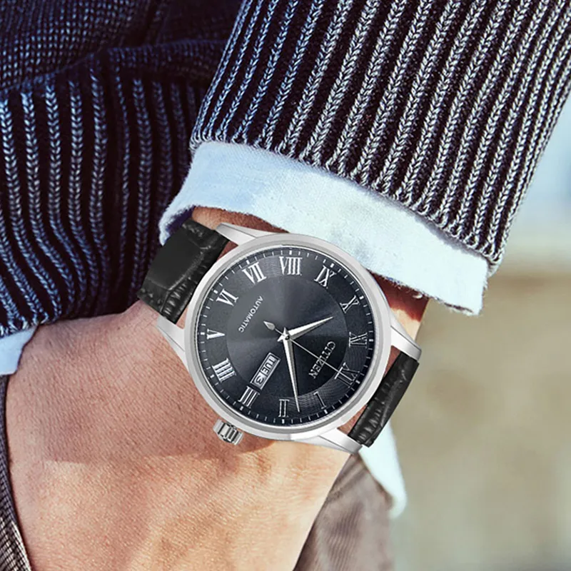 CITIZEN Automatic Mechanical Movement Cowhide Strap Watch Men's Watches Black Dial-3
