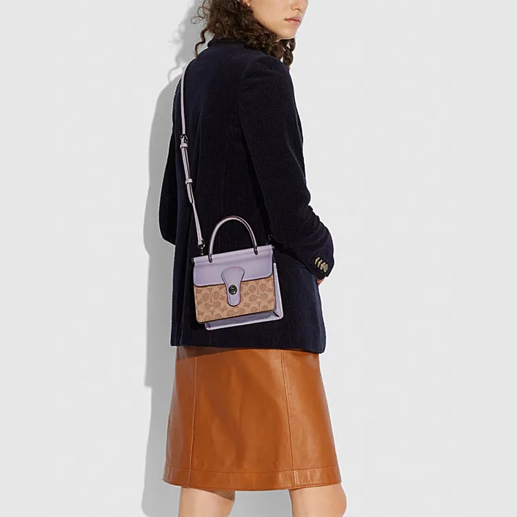 COACH Willis Canvas With Cow Leather Shoulder Bag Crossbody Bag Handbags Small Size Women's Purple & Khaki Monogram-4