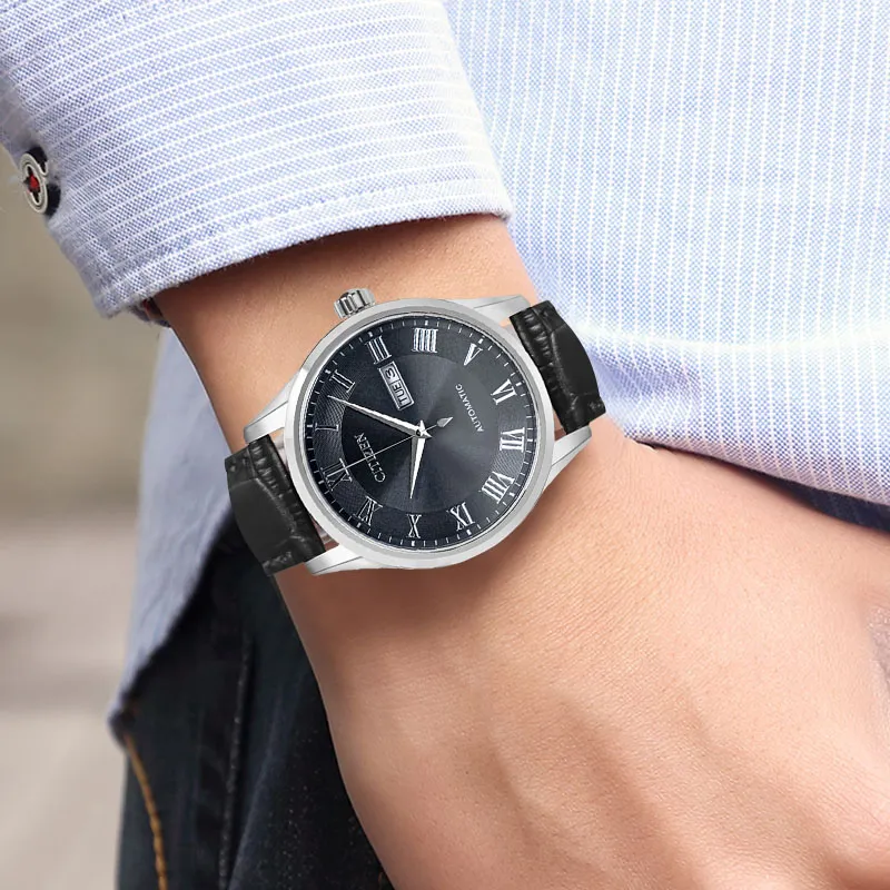 CITIZEN Automatic Mechanical Movement Cowhide Strap Watch Men's Watches Black Dial-2