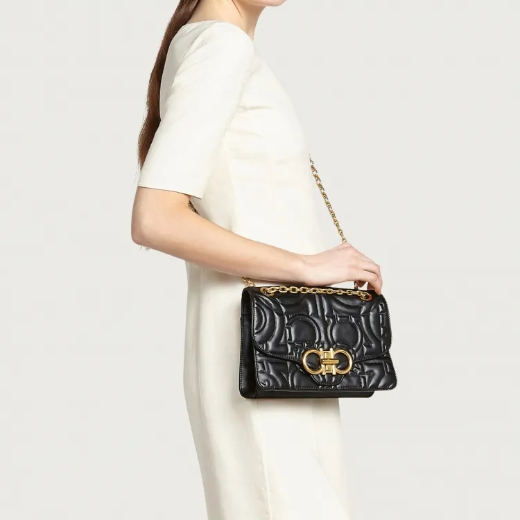FERRAGAMO GANCINI Calfskin Shoulder Bag, Crossbody Bag Tubas Women's Black-4