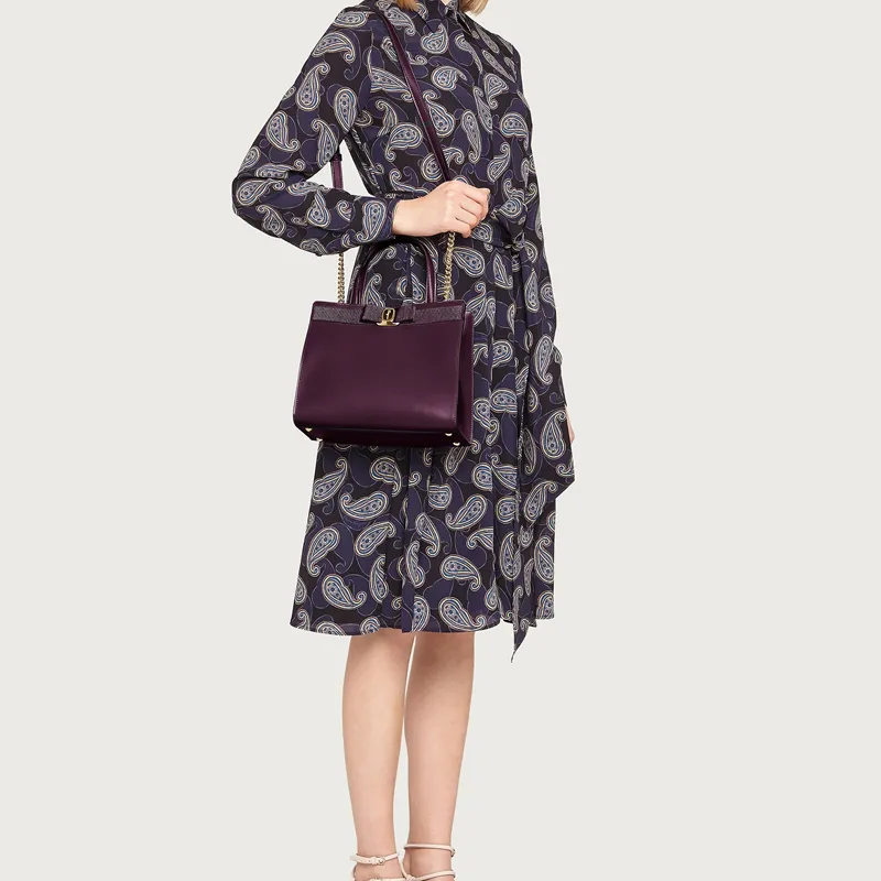 FERRAGAMO Vara Satin Natural Grain Cow Leather Tote Bag Shopping Bag Handbag Medium Size Women's Purple-4